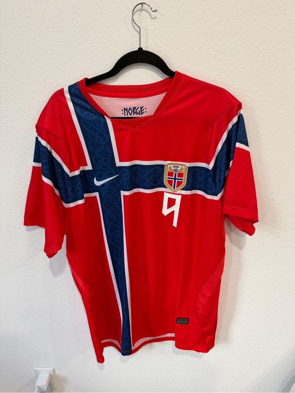 Nike Red Norway Football Jersey with Navy Cross and White Trim